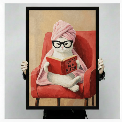 Sassy cat canvas wall art wrap — white cat with towel on head and glasses reading in red armchair, funny home decor