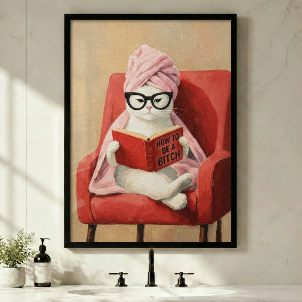 Funny framed cat canvas wall art hanging in bathroom — sassy white cat with pink towel reading book in red chair