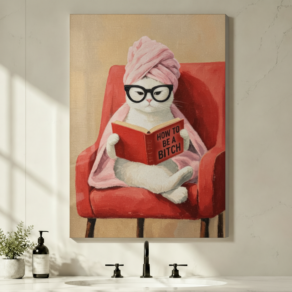 Humorous framed canvas print of white cat wearing glasses and pink towel wrap reading a book in red armchair
