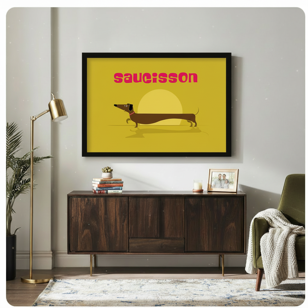 Saucisson dachshund sunset canvas wall art in black frame above dark walnut sideboard in warm mid-century modern living room