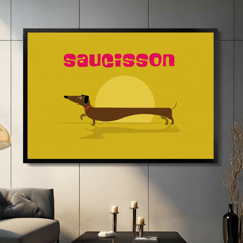 Saucisson dachshund minimalist framed canvas wall art with yellow background displayed in modern living room above grey sofa