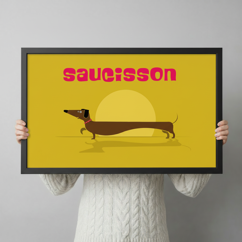 Person in white cable-knit sweater holding saucisson dachshund framed art print showing size reference against light grey background