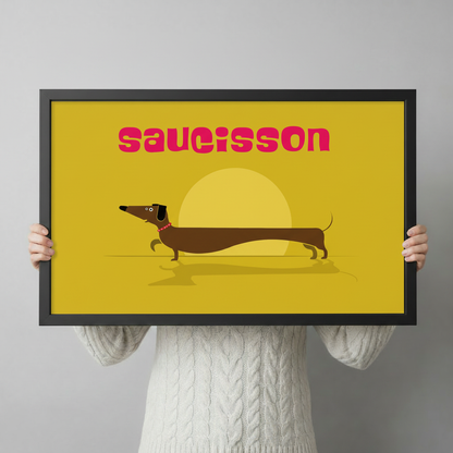Person in white cable-knit sweater holding saucisson dachshund framed art print showing size reference against light grey background