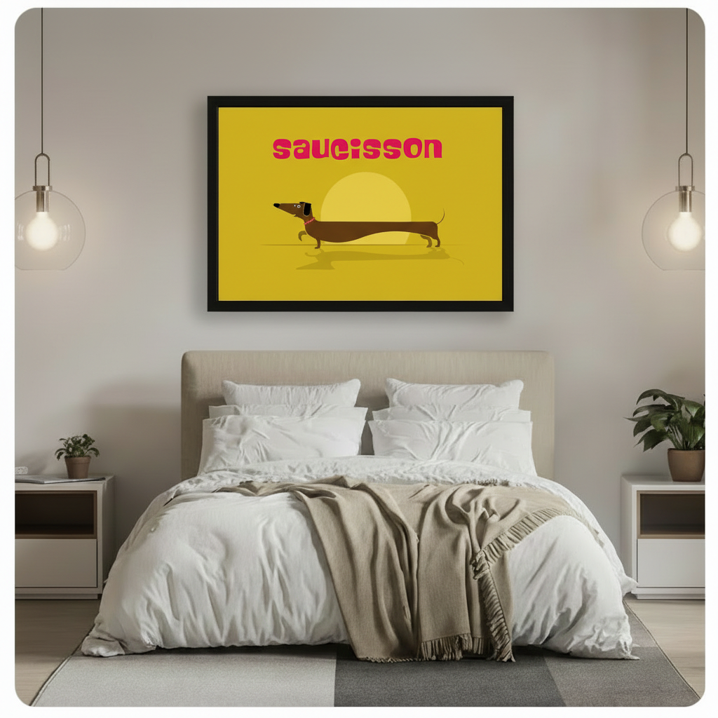 Framed saucisson dog yellow canvas wall art print above white bed in minimalist neutral bedroom with glass pendant lights