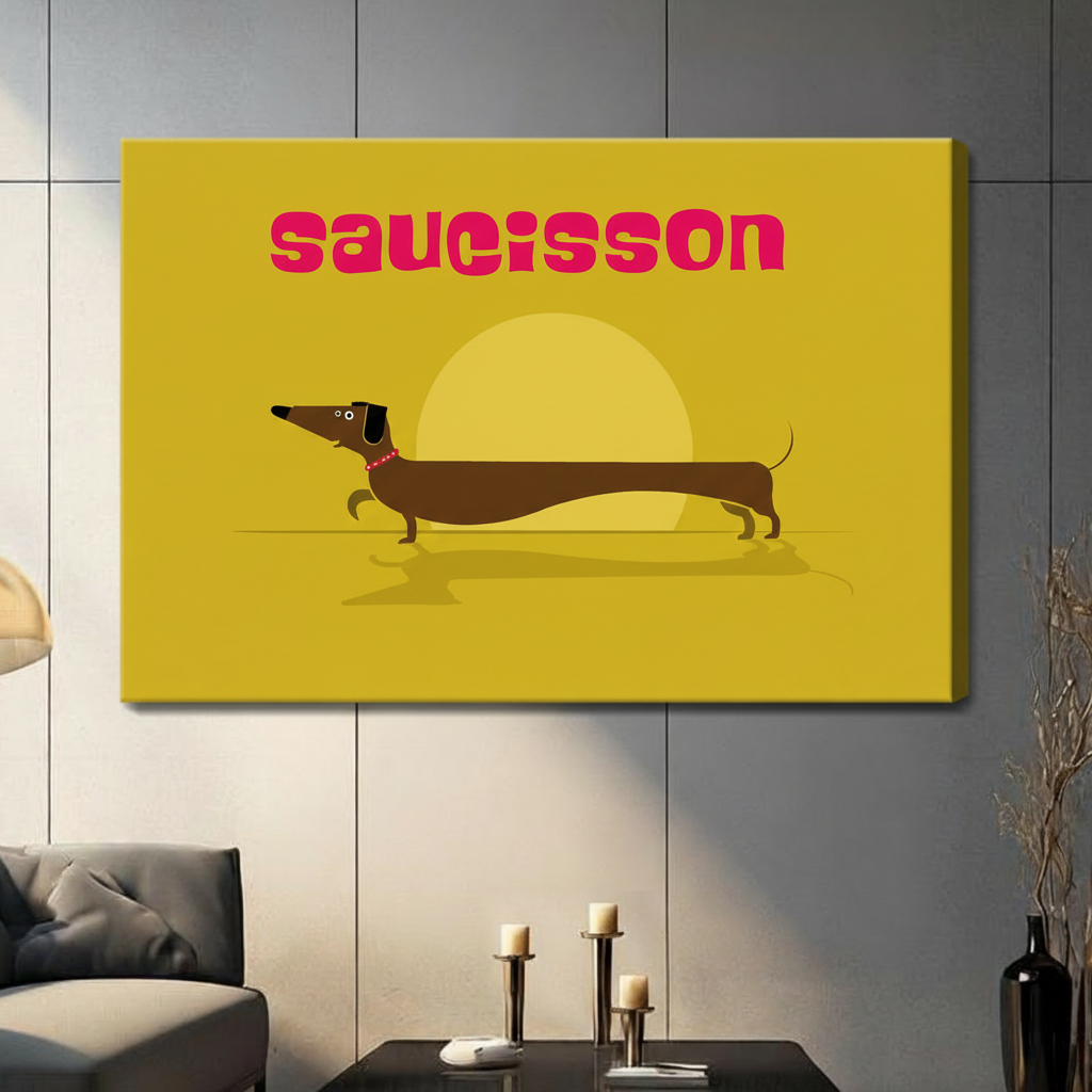 Saucisson wiener dog gallery wrap canvas print on yellow background hanging on grey panel wall in contemporary living space