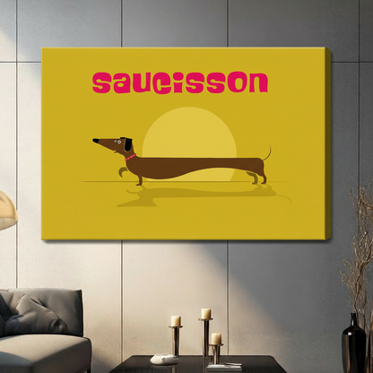 Saucisson wiener dog gallery wrap canvas print on yellow background hanging on grey panel wall in contemporary living space
