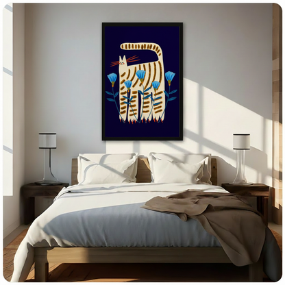 Scandinavian folk art striped cat framed canvas — tall cream tabby with golden stripes and blue flowers on navy, displayed above a white bed in a bright minimalist bedroom