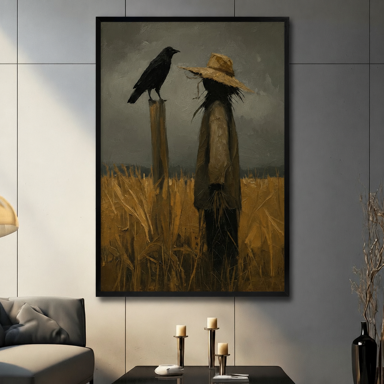 Gothic scarecrow with black crow perched on post in golden wheat field, dark oil painting style black framed wall art in modern living room