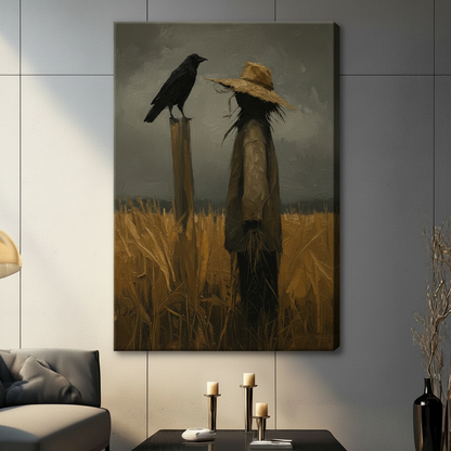 Moody scarecrow and raven in autumn cornfield, stretched canvas wall art with dark gothic oil painting texture displayed in contemporary living room