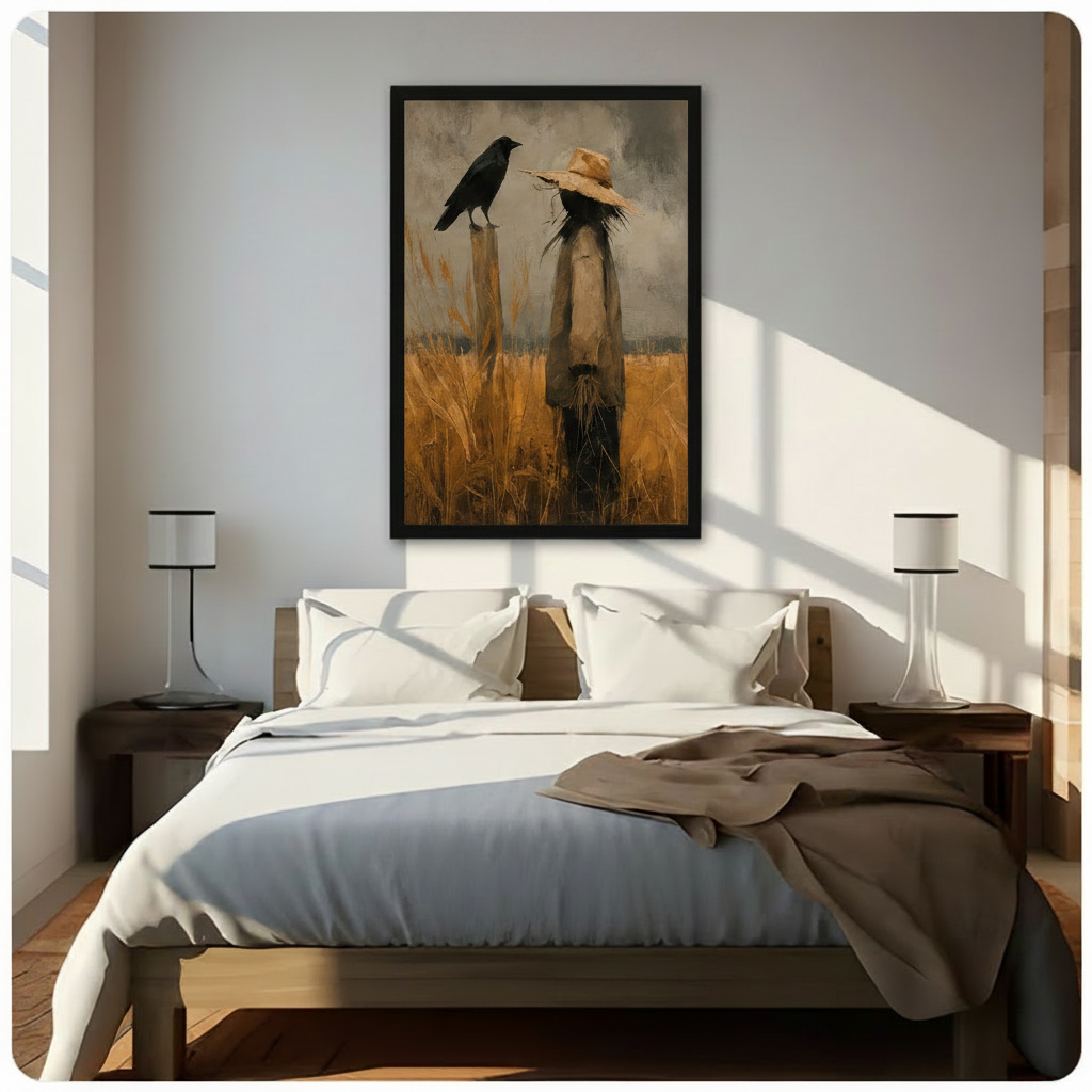 Haunting scarecrow in straw hat with raven companion in stormy wheat field, black framed dark oil painting wall art above bed in minimalist bedroom