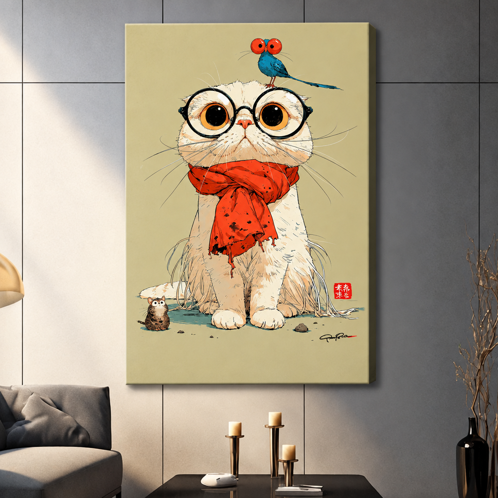 Whimsical white cat with round glasses and a red scarf a blue bird on its head and a small mouse at its feet funny cat wall art stretched canvas dark panel wall living room