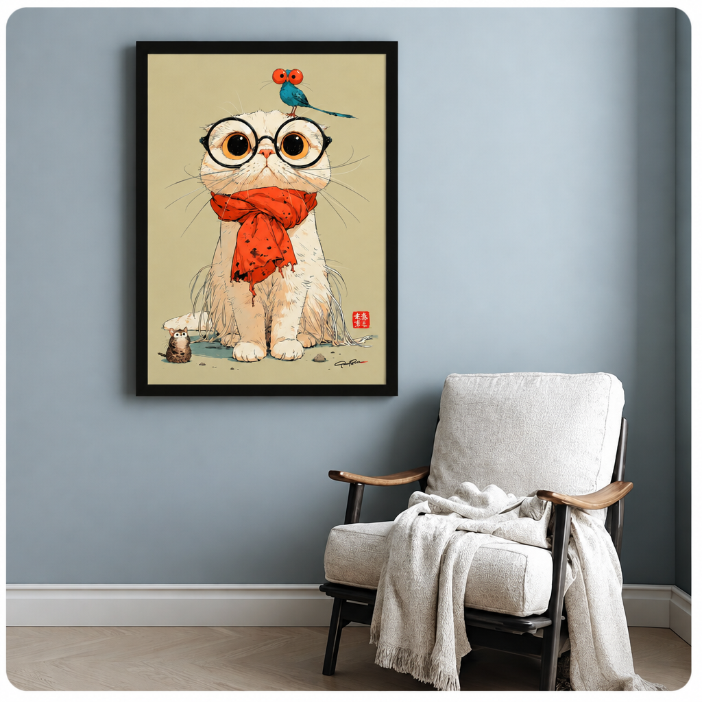 Whimsical white cat with round glasses and a red scarf a blue bird on its head and a small mouse at its feet funny cat wall art framed print beside armchair blue-gray wall