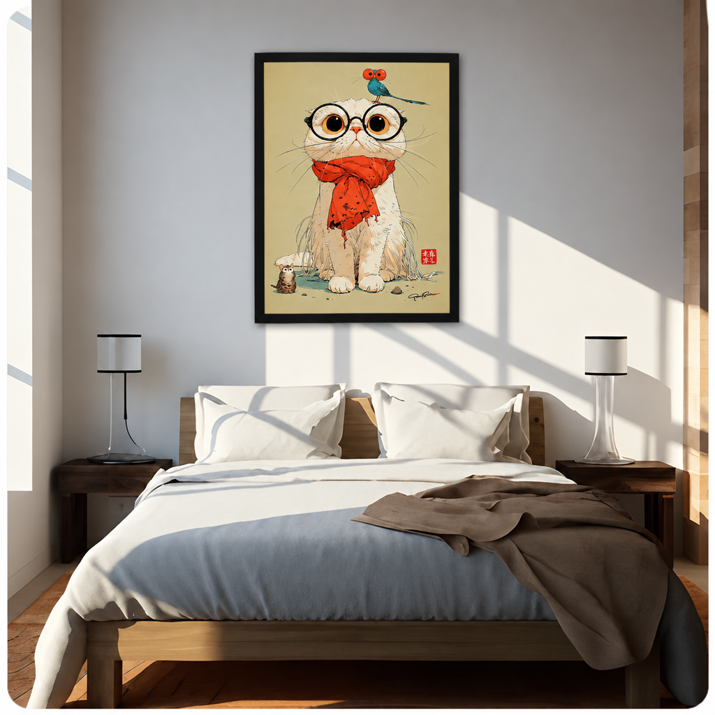 Whimsical white cat with round glasses and a red scarf a blue bird on its head and a small mouse at its feet funny cat wall art framed print above bed sunlit bedroom
