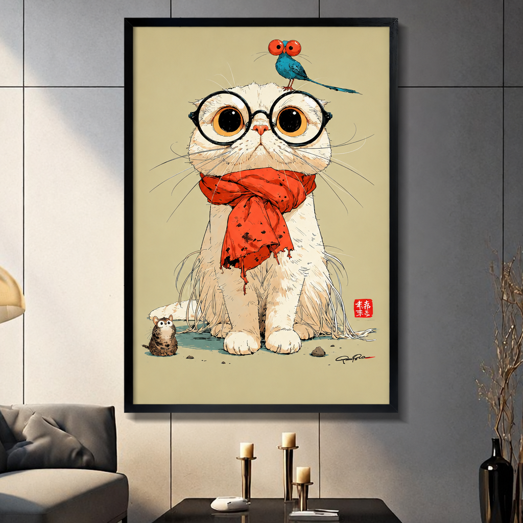 Whimsical white cat with round glasses and a red scarf a blue bird on its head and a small mouse at its feet funny cat wall art framed print dark panel wall living room