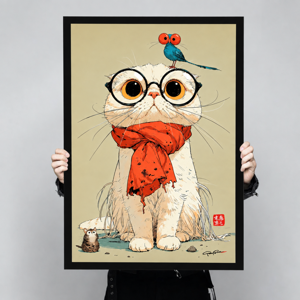 Whimsical white cat with round glasses and a red scarf a blue bird on its head and a small mouse at its feet funny cat wall art framed print held up