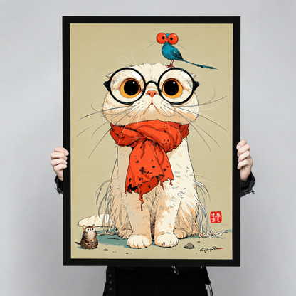 Whimsical white cat with round glasses and a red scarf a blue bird on its head and a small mouse at its feet funny cat wall art framed print held up