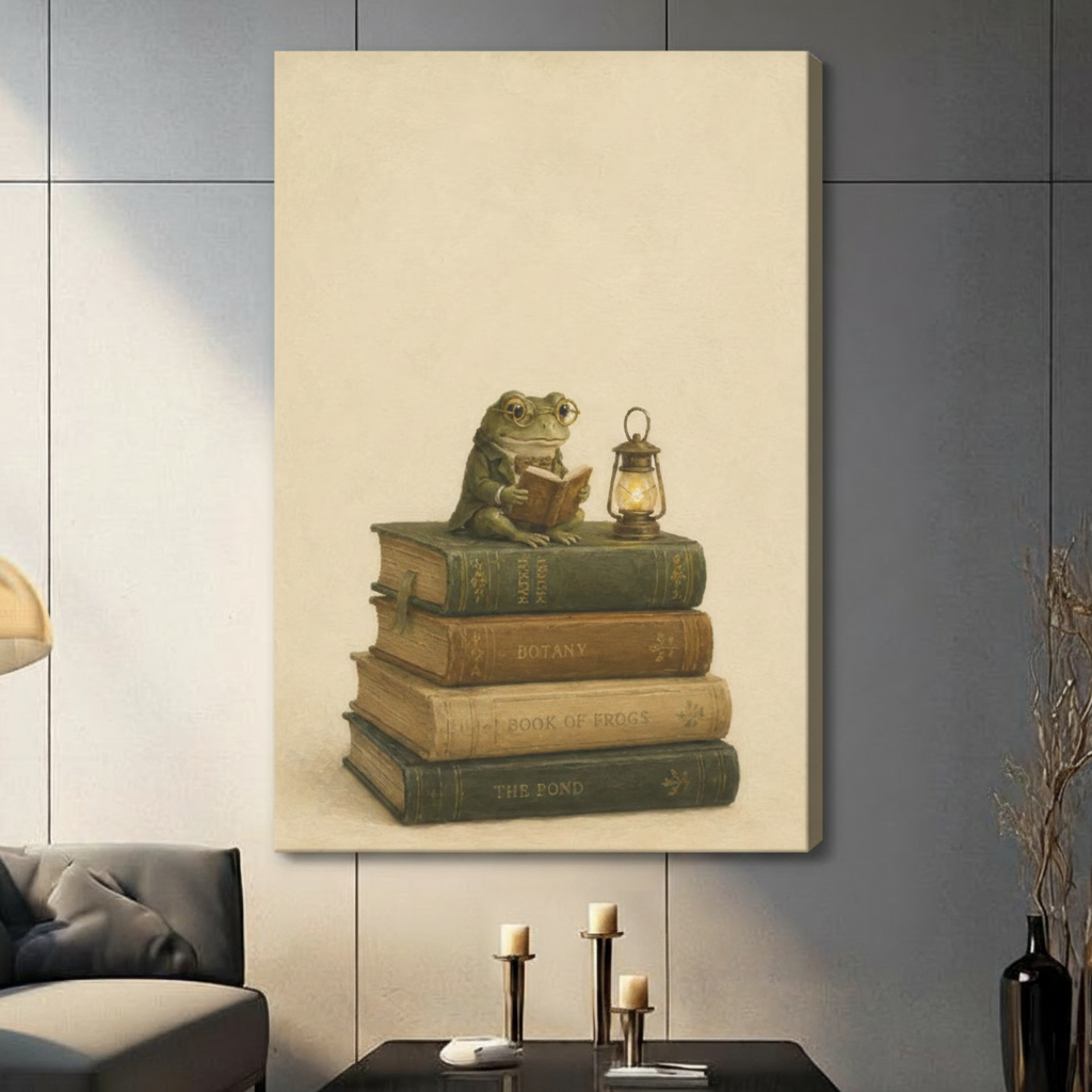 Gallery wrap stretched canvas of a chubby green frog wearing spectacles perched on four stacked antique books titled Natural History Botany Book of Frogs and The Pond reading by warm lantern light on a cream background hung frameless on a gray wall