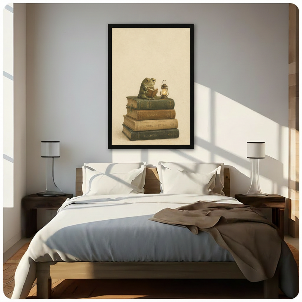 Black framed cozy dark academia scholar frog with round spectacles reading atop stacked vintage books with a warm glowing lantern canvas wall art on cream background hung above a dark wood bed with white and beige linen in a sunlit minimalist bedroom