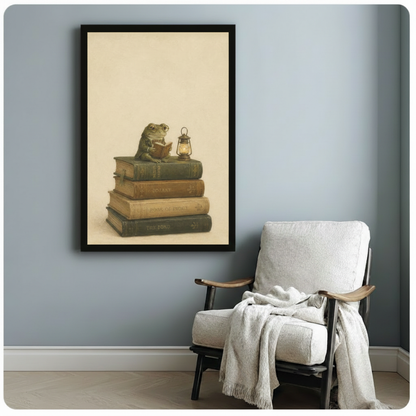Black framed whimsical scholar frog in round glasses sitting on a tower of old leather-bound books with a glowing kerosene lantern dark academia canvas print on warm parchment background hung on a soft blue-gray wall beside a white linen folding chair
