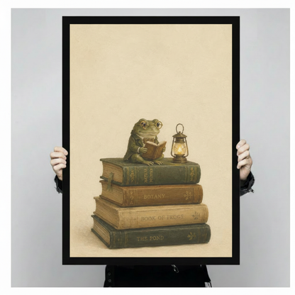 Two gloved hands holding a large black framed dark academia frog with glasses reading on a stack of antique books beside an oil lantern vintage illustration canvas art print on aged parchment background, front-facing vertical product size display