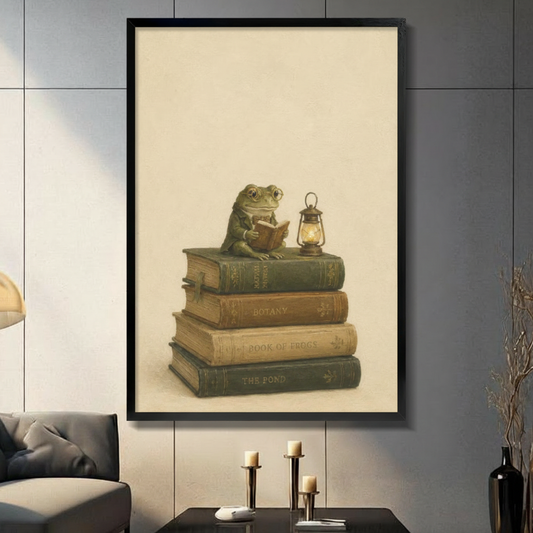 Black framed dark academia scholar frog with round glasses reading a book atop a stack of vintage hardcovers beside a glowing oil lantern canvas wall art on parchment background displayed in a modern gray living room with dark sofa and metal candlesticks