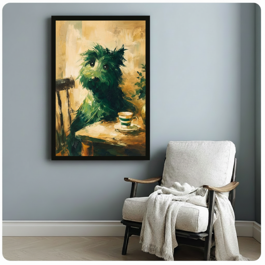 Black framed whimsical Scottish Terrier with teacup wall art mounted beside a white linen armchair on a soft blue-grey wall