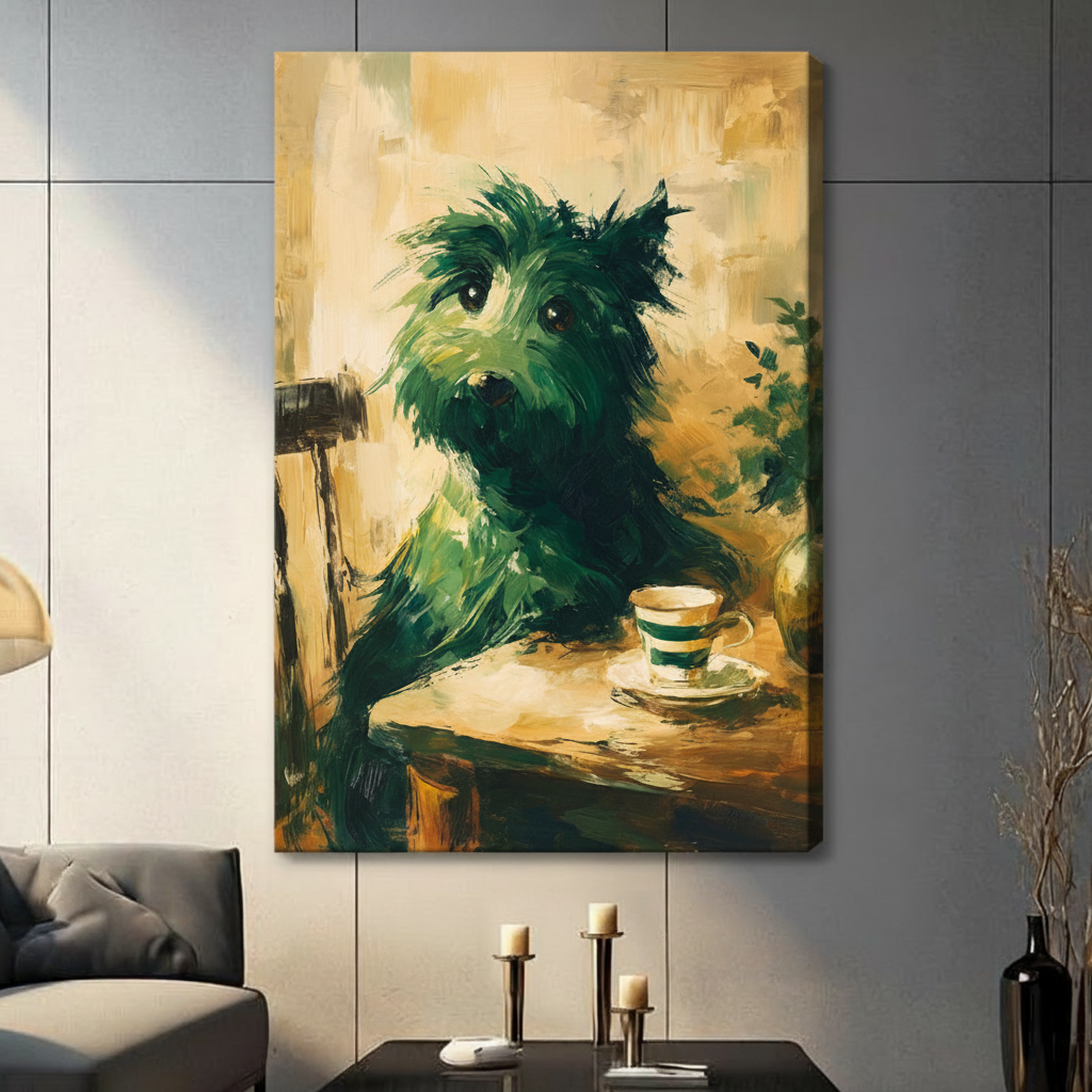 Frameless canvas wrap of a whimsical green Scottish Terrier with a teacup oil painting, hung on a grey wall in a contemporary living room setting