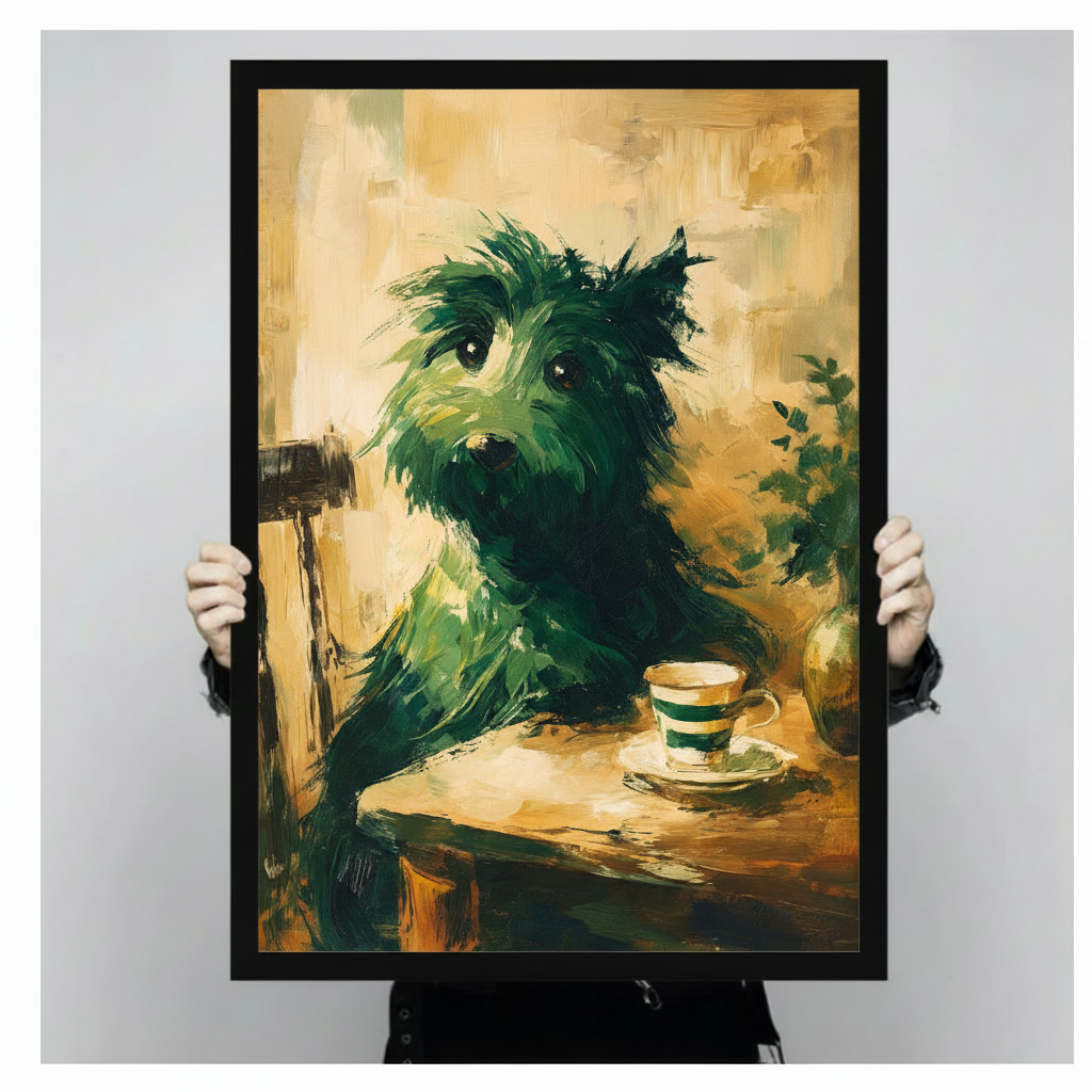 Two hands holding a black framed Scottish Terrier teacup oil painting print, clearly showing print size, frame depth, and brushstroke detail