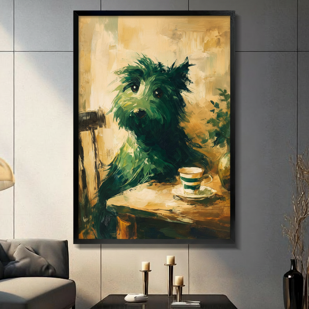 Black framed oil painting wall art of a fluffy green Scottish Terrier sitting at a cafe table with a striped teacup, displayed in a modern grey living room