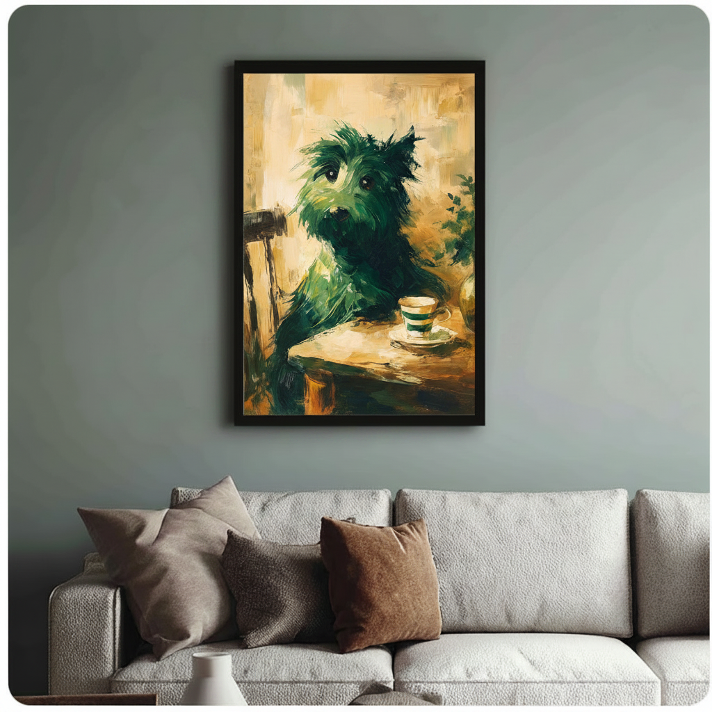 Framed green and gold Scottish Terrier tea painting print styled above a neutral linen sofa against a sage green wall
