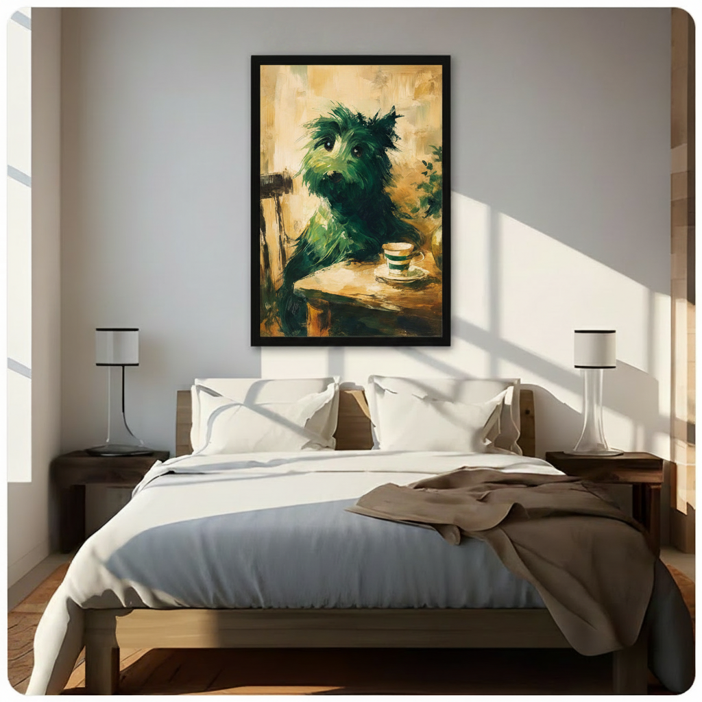 Framed Scottish Terrier afternoon tea oil painting wall art hung above a wooden bed in a sunlit neutral bedroom with white walls