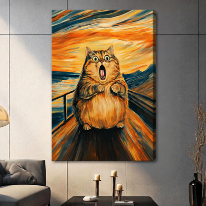 Canvas wall art of a chubby screaming cat in Munch style, hung in a bright living room with neutral gray walls