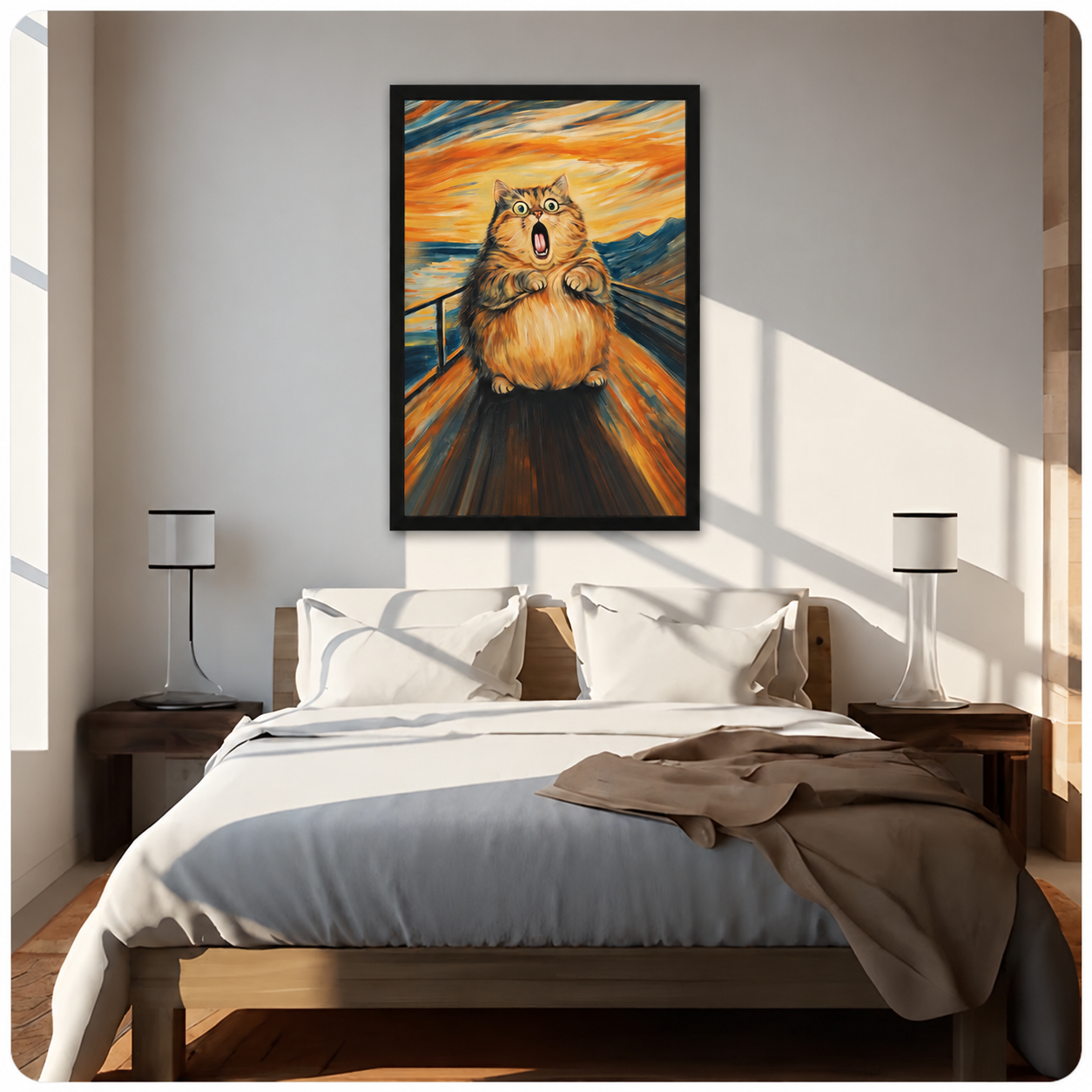 Screaming cat framed wall art displayed above a bed in a minimalist bedroom, adding humor and personality to the space