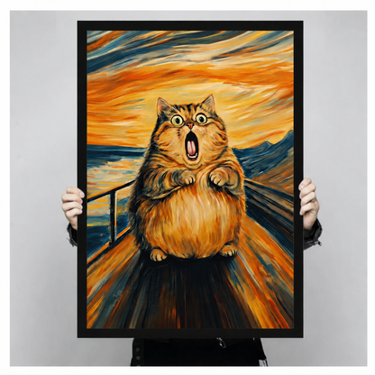 Close-up of a framed screaming cat art poster held by hands, showing vibrant orange swirling sky and expressive cat detail