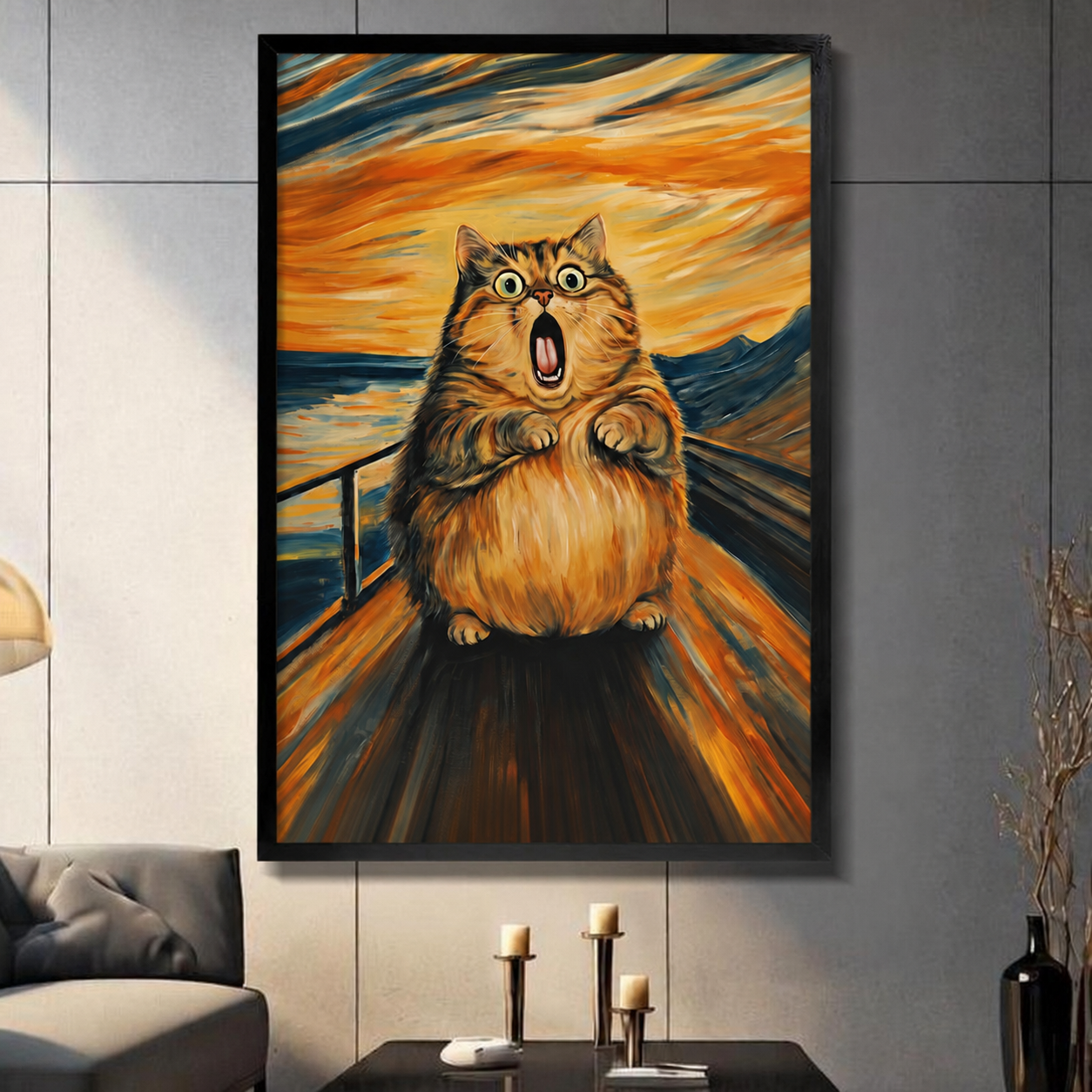 Framed screaming cat wall art print inspired by The Scream, displayed in a modern living room with dark accent wall