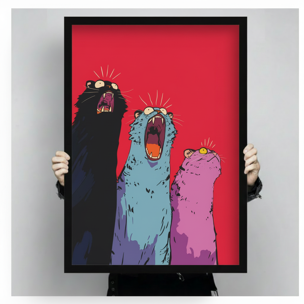 Person holding large black framed screaming cats pop art canvas print against neutral gray background product display