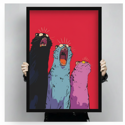 Person holding large black framed screaming cats pop art canvas print against neutral gray background product display
