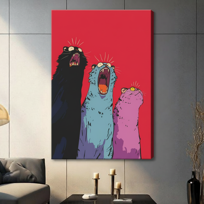 Vibrant three screaming cats canvas wall art in red background hung in contemporary living room with gray sofa and candlestick decor