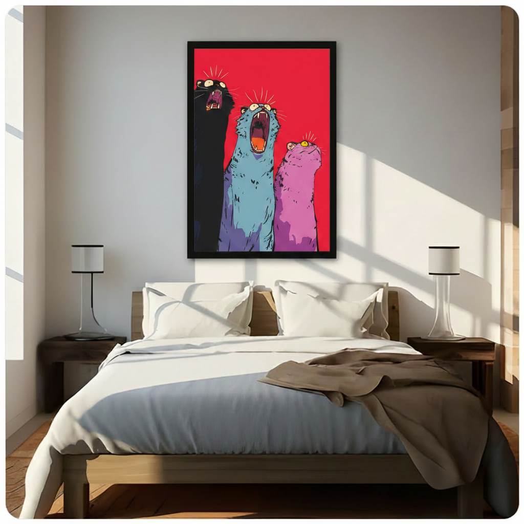 Screaming cats red pop art framed print hanging above bed in bright modern bedroom with wood nightstands and white bedding