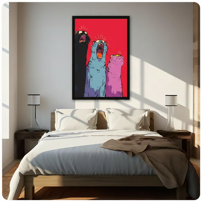 Screaming cats red pop art framed print hanging above bed in bright modern bedroom with wood nightstands and white bedding