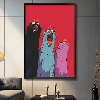 Bold screaming cats pop art print in black frame displayed above dark console table in modern living room with gray panel wall