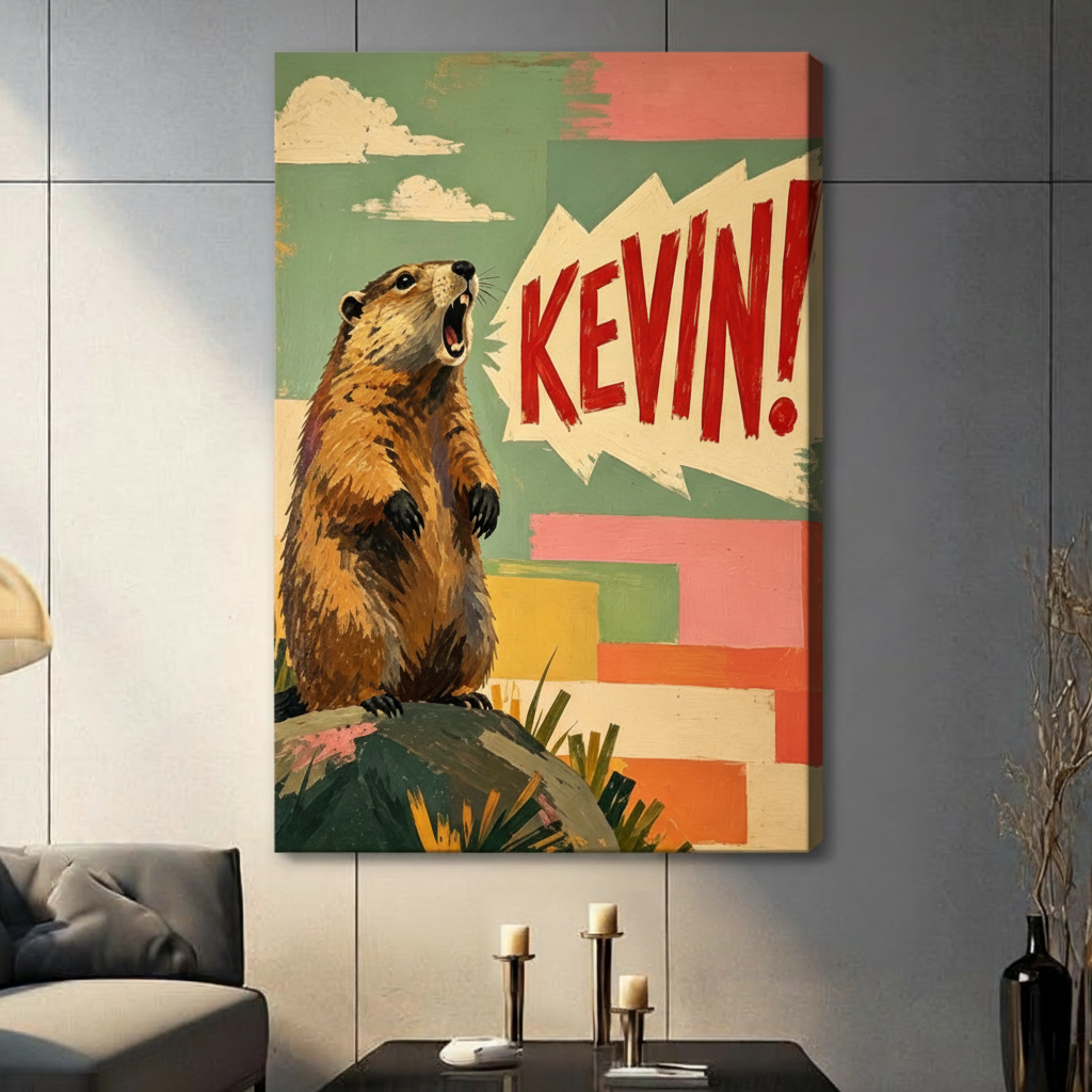 Retro pop art illustration of a screaming marmot standing on a rock with bold red comic text KEVIN in a speech bubble against a colorful teal pink and yellow patchwork background funny animal wall art stretched canvas in living room with dark gray panel wall and dark sofa