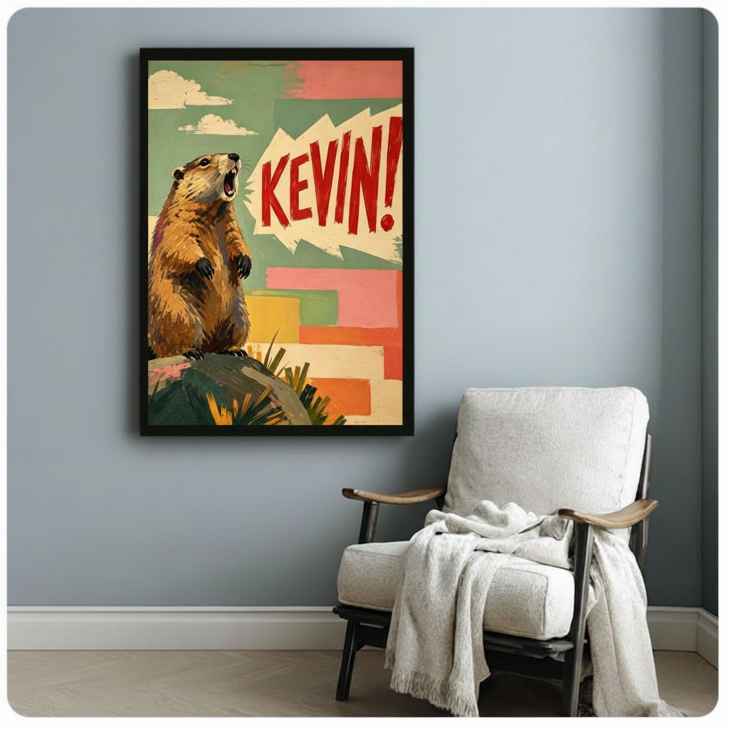 Retro pop art illustration of a screaming marmot standing on a rock with bold red comic text KEVIN in a speech bubble against a colorful teal pink and yellow patchwork background funny animal wall art framed print beside white linen armchair on blue-gray wall