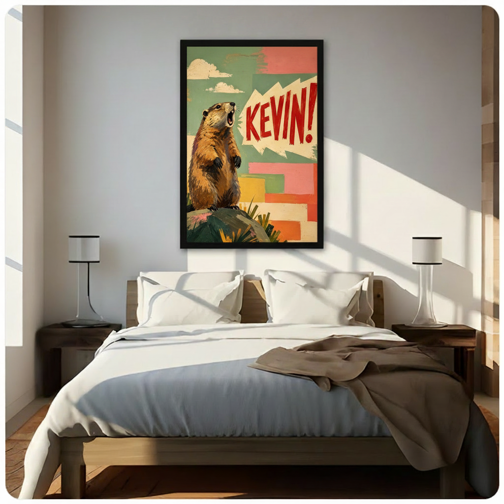 Retro pop art illustration of a screaming marmot standing on a rock with bold red comic text KEVIN in a speech bubble against a colorful teal pink and yellow patchwork background funny animal wall art framed print above bedroom with white bedding and dark wood bedside tables