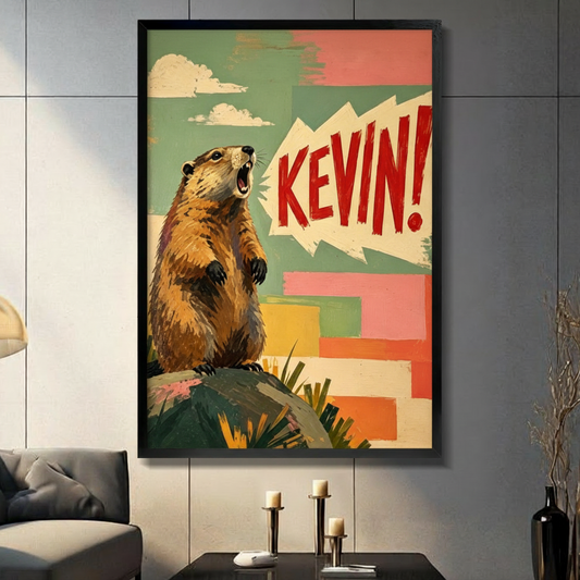 Retro pop art illustration of a screaming marmot standing on a rock with bold red comic text KEVIN in a speech bubble against a colorful teal pink and yellow patchwork background funny animal wall art framed print in living room with dark gray panel wall and dark sofa