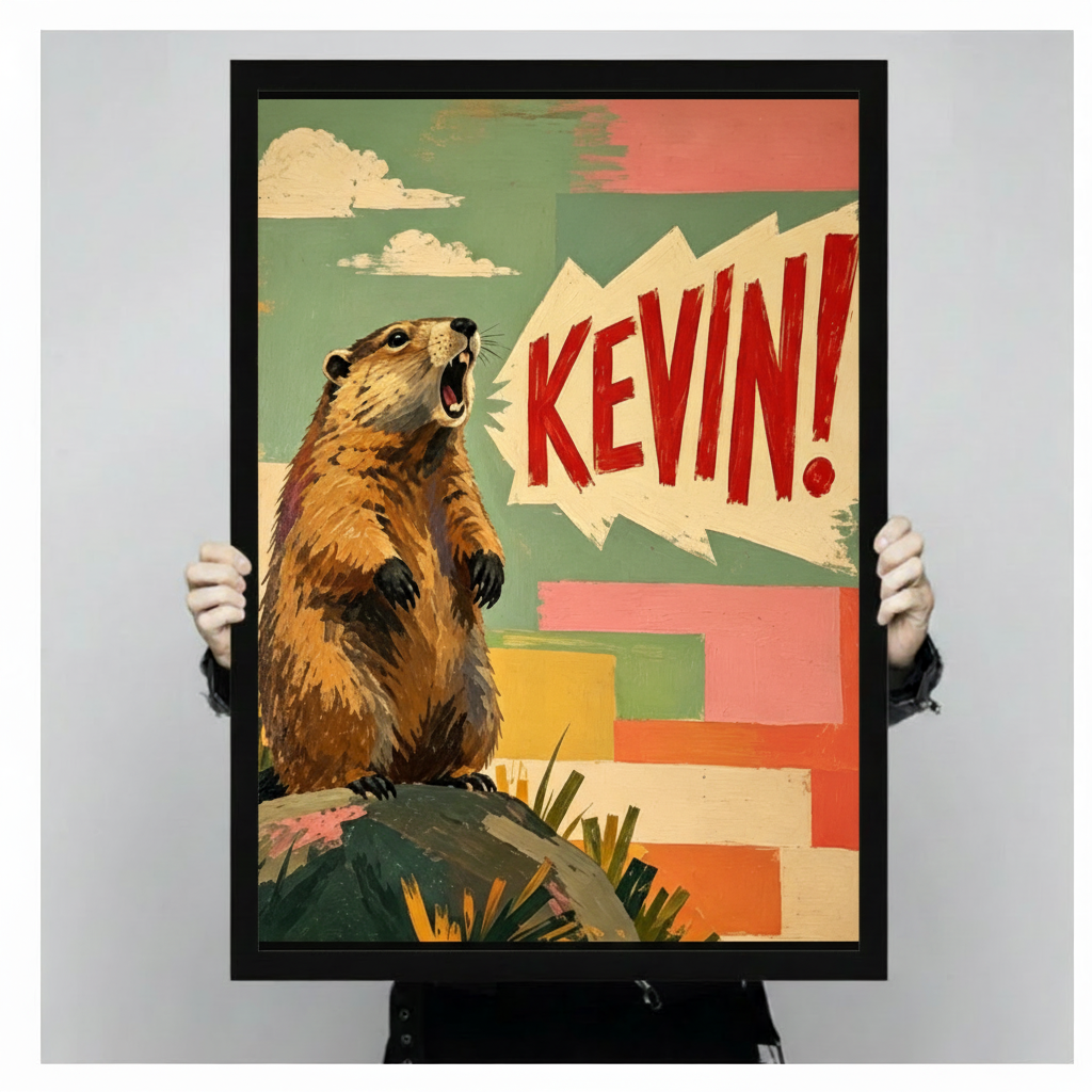 Retro pop art illustration of a screaming marmot standing on a rock with bold red comic text KEVIN in a speech bubble against a colorful teal pink and yellow patchwork background funny animal wall art framed print held against light gray background