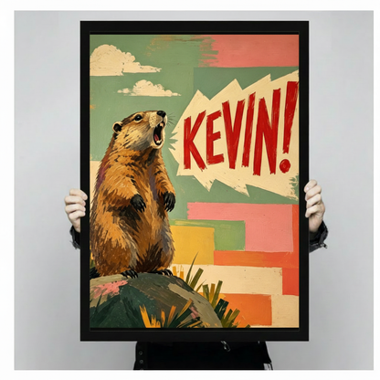 Retro pop art illustration of a screaming marmot standing on a rock with bold red comic text KEVIN in a speech bubble against a colorful teal pink and yellow patchwork background funny animal wall art framed print held against light gray background