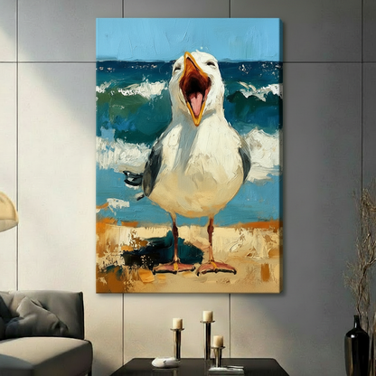 Stretched canvas print of a screaming seagull on the beach with vibrant ocean waves background, expressive oil painting style, hung on grey wall in modern interior