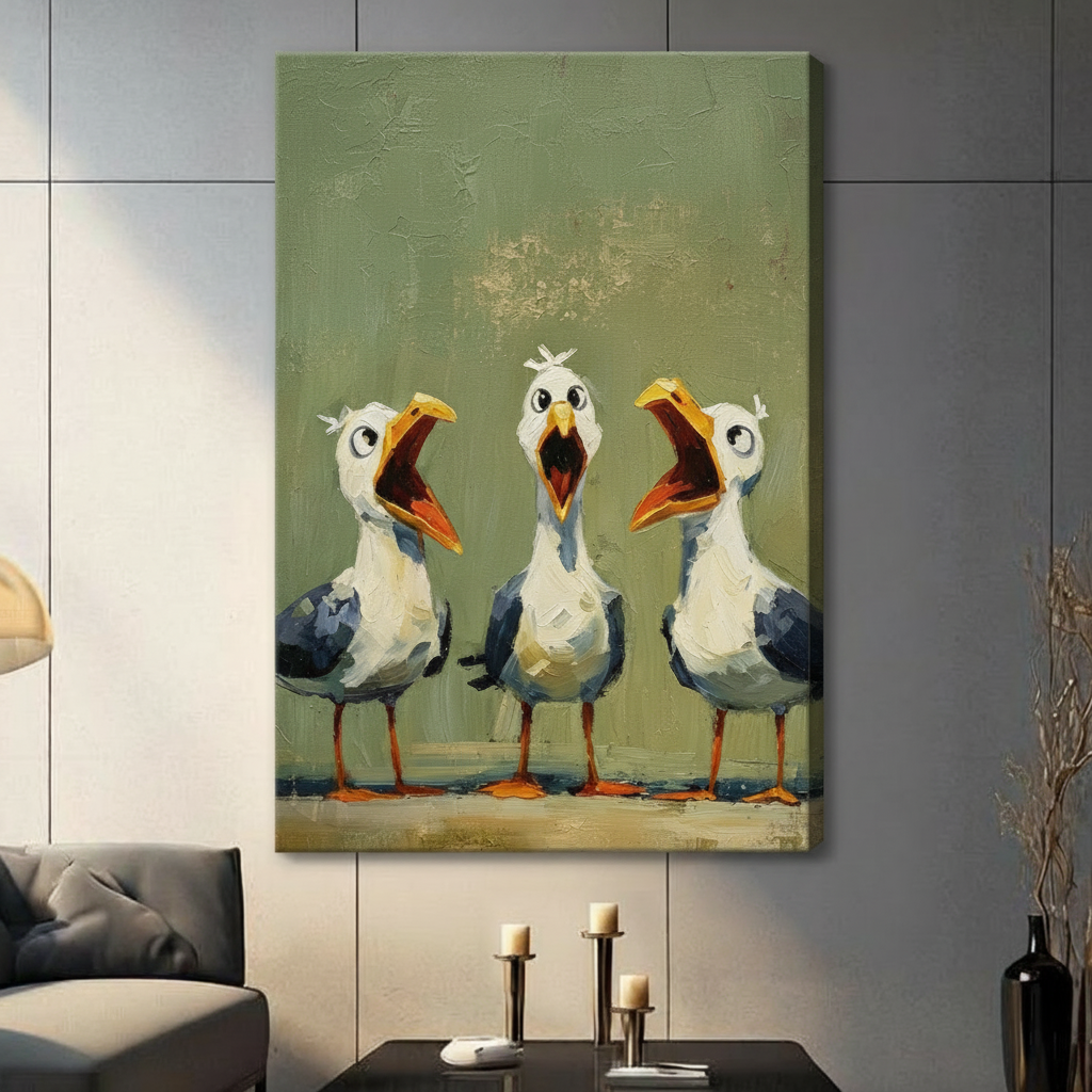 Expressive impasto oil painting of three comical seagulls lined up and screaming in unison with wide open yellow-orange beaks showing vivid red inner mouths large round googly eyes white plumage blue-gray wing patches and orange legs standing on a sandy surface against a weathered sage green textured background humorous coastal bird art stretched canvas print hanging in a contemporary living room with dark gray tiled wall