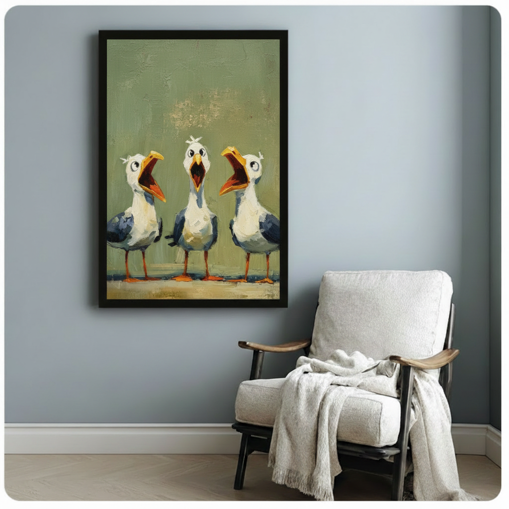 Playful thick-texture oil painting of three seagulls standing in a row all simultaneously shrieking with beaks agape showing orange-yellow bills and red open mouths their white and blue-gray feathered bodies painted with rich impasto brushwork and expressive texture large cartoon eyes and orange feet on a sandy base against a distressed olive green background funny loud seagulls coastal wall art framed poster displayed beside a white fabric lounge chair with draped throw blanket against a soft blue-gray wal